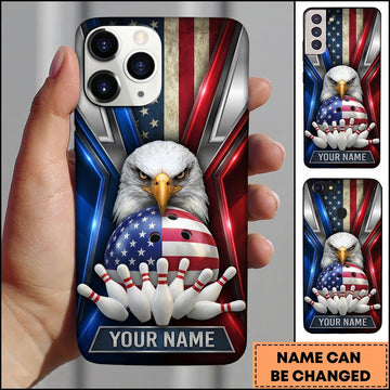 Maxcorners Bowling Phone Case American USA Flag Ball Majestic Bald Eagle Patriotic Chevron Frame Pins Personalized Name Multi Options Cover