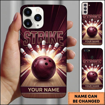 Maxcorners Bowling Phone Case Strike Lettering Bright Explosion Rays Swirl Ball Pins Lane Alley Personalized Name Multi Options Cover
