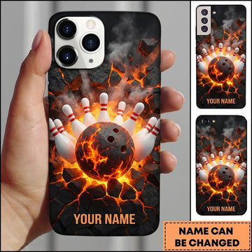 Maxcorners Bowling Phone Case Molten Magma Lava Explosion Cracked Rock Ground Glowing Fiery Ball Pins Smoke Personalized Name Multi Options Cover