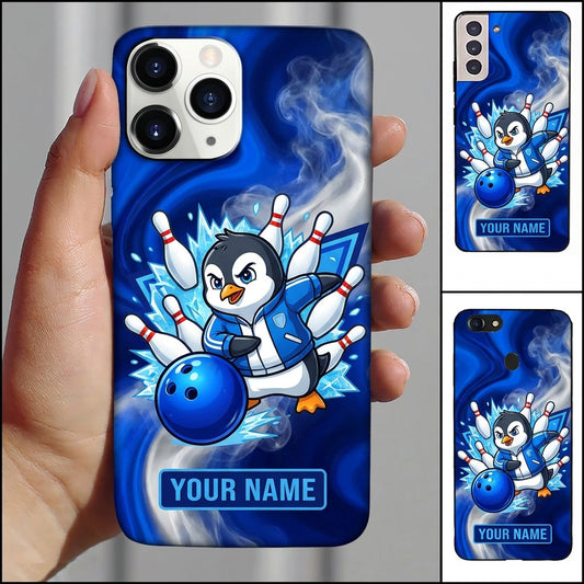 Maxcorners Bowling Phone Case Cute Penguin Mascot Jacket Throwing Ball Shattered Pins Ice Frost Personalized Name Multi Options Cover (7 Colors)