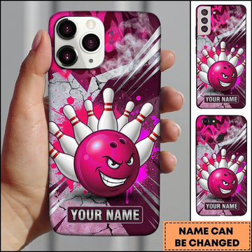 Maxcorners Bowling Phone Case Grinning Evil Ball Character Pins Strike Paint Splatter Smoke Chevron Personalized Name Multi Options Cover (7 Colors)