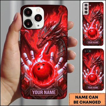 Maxcorners Bowling Phone Case Mythical Dragon Head Fiery Aura Ball Pins Chevron Grid Personalized Name Multi Options Cover (7 Colors)