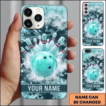 Maxcorners Bowling Phone Case Ice Crystal Frost Ball Pins Camouflage Camo Pattern Shattered Rocks Personalized Name Multi Options Cover (7 Colors)