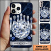 Maxcorners Bowling Phone Case Sparkling Crystal Gemstones Ball Pins Geometric Lines Marble Texture Frame Personalized Name Multi Options Cover (7 Colors)