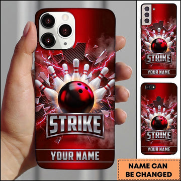 Maxcorners Bowling Phone Case Ball Strike Pins Fiery Sparks Electric Lightning Bolts Shattered Glass Carbon Texture Personalized Name Multi Options Cover (7 Colors)