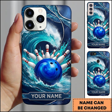 Maxcorners Bowling Phone Case Swirling Ocean Water Wave Water Splashes Ball Pins Strike Metal Plate Personalized Name Multi Options Cover (7 Colors)