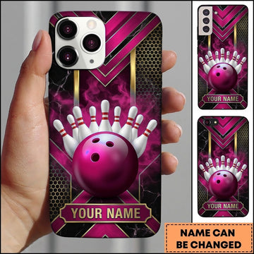 Maxcorners Bowling Phone Case Marble Texture Geometry Golden Lines Hexagon Grid Ball Pins Smoke Personalized Name Multi Options Cover (7 Colors)