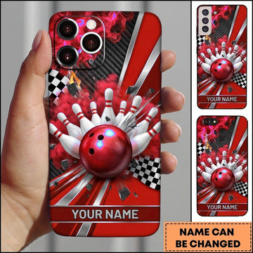 Maxcorners Bowling Phone Case Checkered Racing Flag Carbon Fiber Texture Ball Pins Impact Smoke Personalized Name Multi Options Cover (7 Colors)