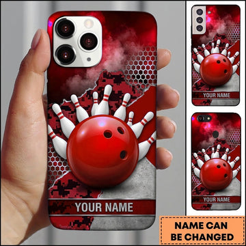 Maxcorners Bowling Phone Case Ball Pins Strike Camo Camouflage Pattern Hexagon Mesh Concrete Plate Personalized Name Multi Options Cover (7 Colors)