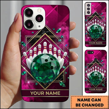 Maxcorners Bowling Phone Case Emerald Gemstone Ball Pins Geometric Frame Smoke Clouds Marble Texture Personalized Name Multi Options Cover (7 Colors)