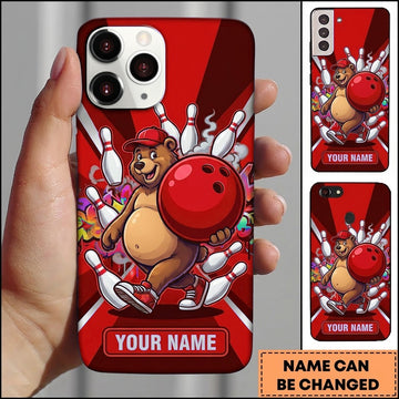 Maxcorners Bowling Phone Case Cute Bear Mascot Cap Running Holding Ball Pins Splatter Alley Personalized Name Multi Options Cover (7 Colors)