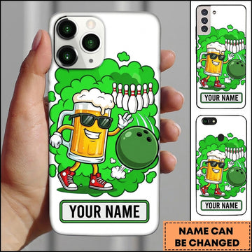 Maxcorners Bowling Phone Case Beer Mug Character Sunglasses Throwing Ball Pins Smoke Cloud Background Personalized Name Multi Options Cover (7 Colors)