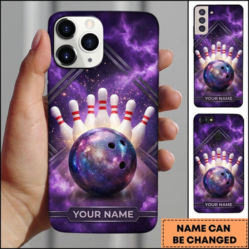 Maxcorners Bowling Phone Case Galaxy Cosmic Nebula Space Stars Geometric Frame Ball Pins Strike Personalized Name Multi Options Cover