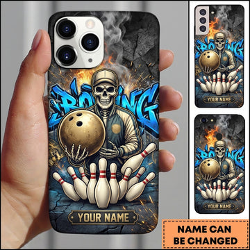 Maxcorners Bowling Phone Case Skeleton Cap Jacket Holding Ball Pins Graffiti Wall Cracked Texture Personalized Name Multi Options Cover