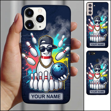 Maxcorners Bowling Phone Case Cool Pin Mascot Cap Sunglasses Chain Holding Ball Brick Wall Splatter Personalized Name Multi Options Cover