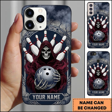 Maxcorners Bowling Phone Case Grim Reaper Skeleton Cloak Hood Tribal Pattern Ball Pins Stone Arch Personalized Name Multi Options Cover