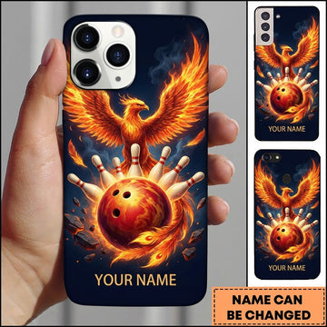 Maxcorners Bowling Phone Case Majestic Phoenix Wings Flame Firebird Ball Pins Flying Rocks Smoke Personalized Name Multi Options Cover