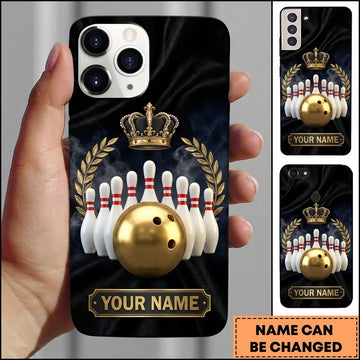 Maxcorners Bowling Phone Case Regal Royal Crown Laurel Leaf Wreath Metallic Ball Pins Silk Texture Personalized Name Multi Options Cover