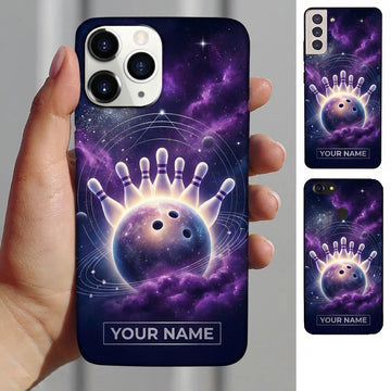 Maxcorners Bowling Phone Case Celestial Planetary Ball Saturn Rings Cosmic Nebula Stars Pins Orbit Personalized Name Multi Options Cover