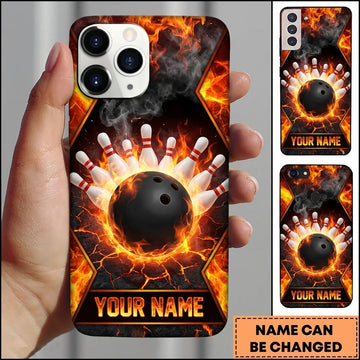 Maxcorners Bowling Phone Case Fiery Burning Flame Hexagon Frame Cracked Ground Ball Pins Smoke Personalized Name Multi Options Cover