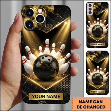 Maxcorners Bowling Phone Case Marble Texture Hexagon Mesh Pattern Geometric Frame Ball Pins Sparks Personalized Name Multi Options Cover