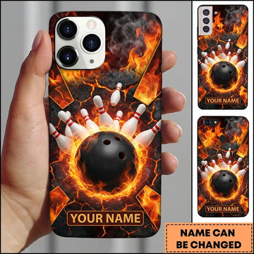 Maxcorners Bowling Phone Case Fiery Fire Flames Cracked Magma Surface Ball Pins Smoke Cloud Personalized Name Multi Options Cover