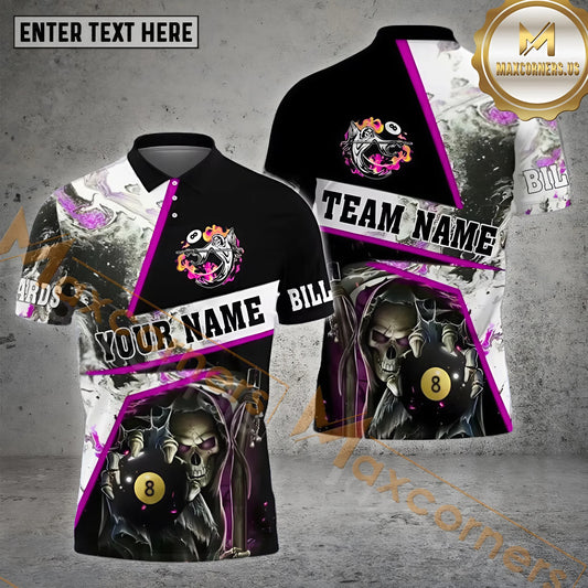 Maxcorners Billiard 8 Ball Skull Multicolor Options Personalized Name, Team Name 3D Polo Shirt (4 Colors)