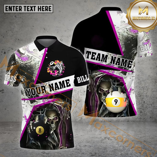 Maxcorners Billiard 8&9 Ball Skull Multicolor Options Personalized Name, Team Name 3D Polo Shirt (4 Colors)