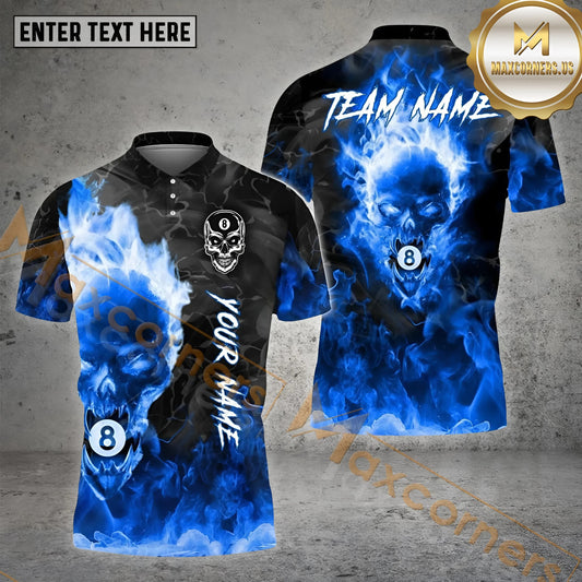 Maxcorners Billiard Flame 8 Ball Skull Multicolor Options Personalized Name, Team Name 3D Polo Shirt (4 Colors)
