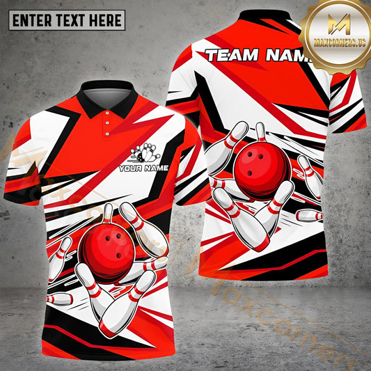 Maxcorners Bowling & Pins Mixing Pattern Multicolor Option Customized Name, Team Name 3D Polo Shirt (4 Colors)