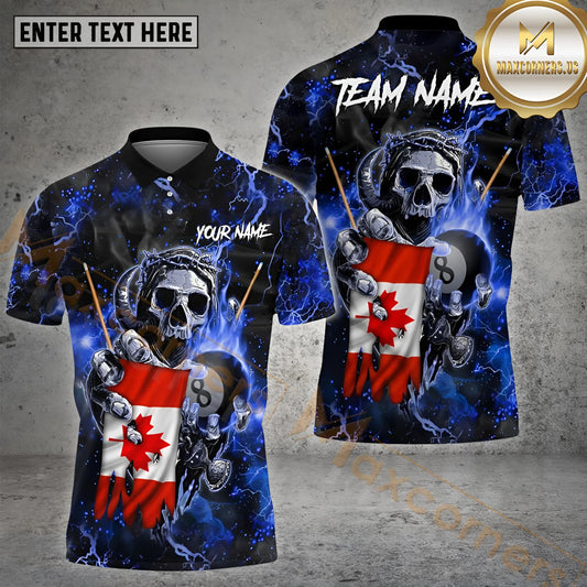 Maxcorners Billiard 8 Ball Gang Skull Canada Flag Pattern Jersey Sport Multicolor Options Personalized Name, Team Name 3D Polo Shirt (4 Colors)
