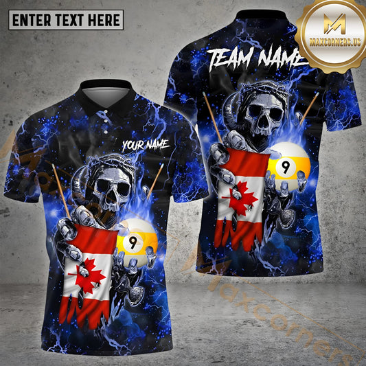 Maxcorners Billiard 9 Ball Gang Skull Canada Flag Pattern Jersey Sport Multicolor Options Personalized Name, Team Name 3D Polo Shirt (4 Colors)