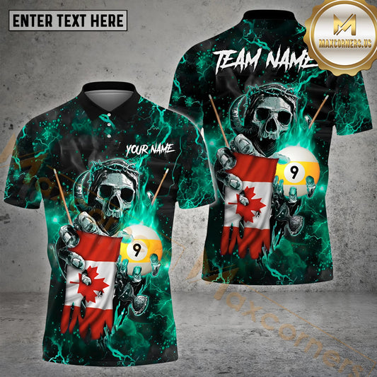 Maxcorners Billiard 9 Ball Gang Skull Canada Flag Pattern Jersey Sport Multicolor Options Personalized Name, Team Name 3D Polo Shirt (4 Colors)