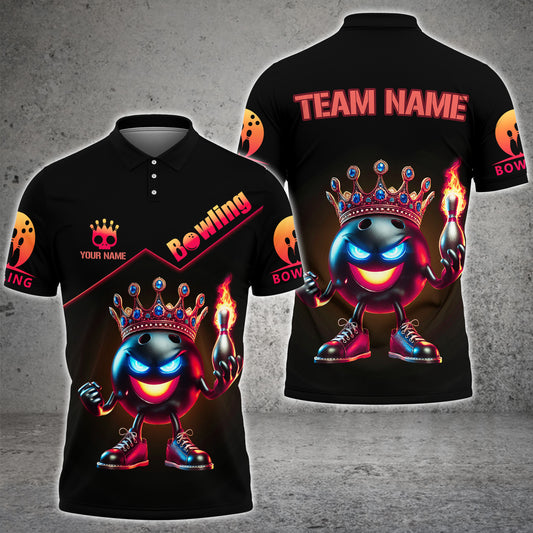 Maxcorners Bowling & Pins Flame Pins And King Bowling Ball Pattern  Multicolor Option Customized Name, Team Name 3D Polo Shirt (4 Colors)