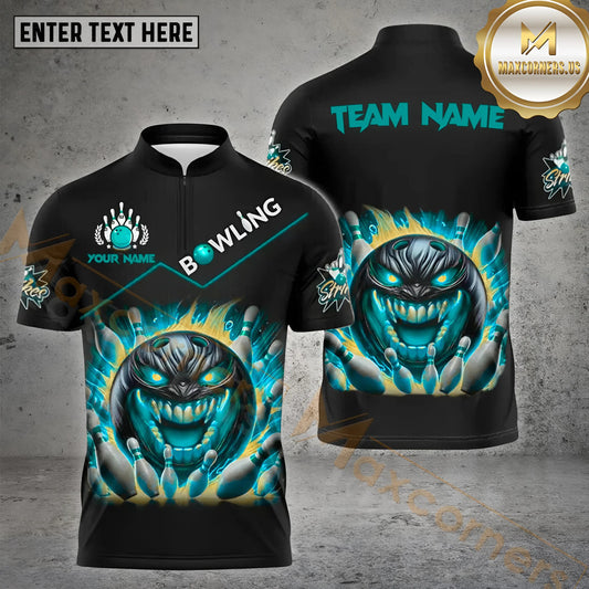 Maxcorners Bowling & Pins Flame Angry Bowling Ball Pattern  Multicolor Option Customized Name, Team Name 3D Polo Shirt (4 Colors)
