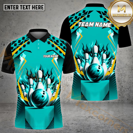 Maxcorners Fire Flash Flame Bowling & Pins Pattern Multicolor Option Customized Name, Team Name 3D Polo Shirt (4 Colors)