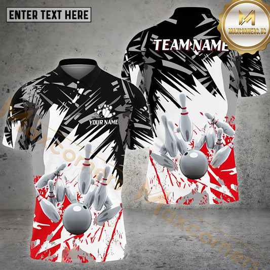 Maxcorners Diamond Bowling & Pins Pattern Multicolor Option Customized Name, Team Name 3D Polo Shirt (4 Colors)