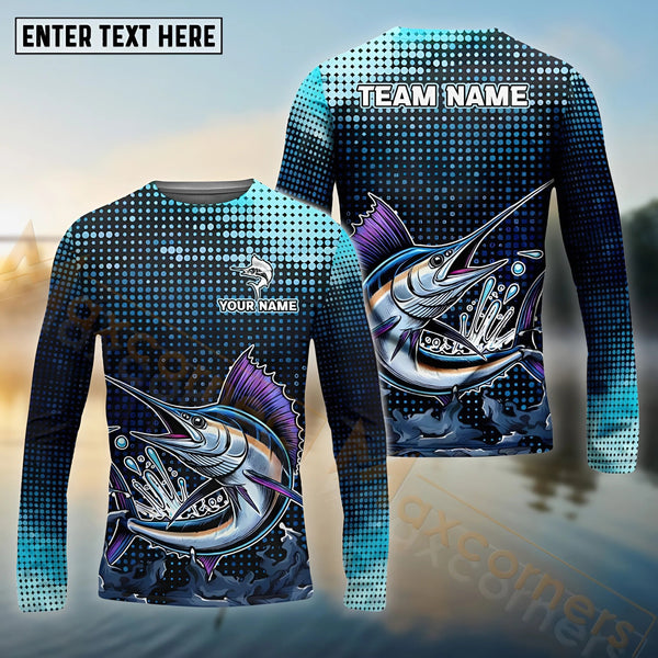 Maxcorners Customize Name Marlin Fishing Sky Blue Black Shirt