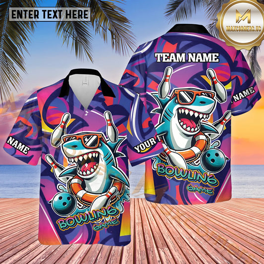 Maxcorners Funny Shark Graffiti Bowling Ball Multicolor Customized Name, Team Name Hawaiian Shirt (4 Colors)