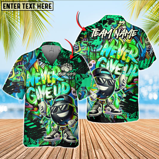 Maxcorners Bowling Never Give Up Graffiti Pattern Multicolor Customized Name, Team Name 3D Hawaiian Shirt (4 Colors)