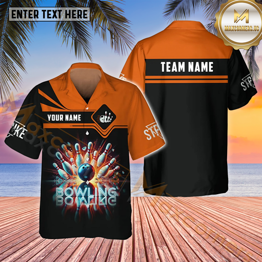 Maxcorners Strike Bowling & Pins Multicolor Customized Name, Team Name Hawaiian Shirt (4 Colors)