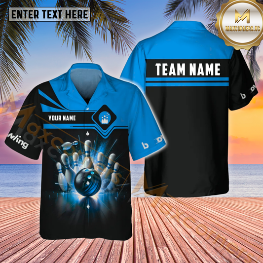 Maxcorners Light Strike Bowling & Pins Multicolor Customized Name, Team Name Hawaiian Shirt (4 Colors)