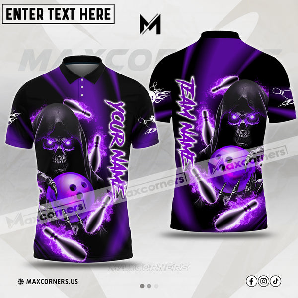 Maxcorners Bowling & Pins Reaper Skull Holding Bowling Ball Multicolor Option Customized Name, Team Name 3D Polo Shirt (4 Colors)