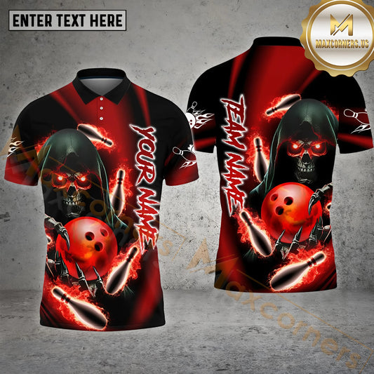 Maxcorners Bowling & Pins Reaper Skull Holding Bowling Ball Multicolor Option Customized Name, Team Name 3D Polo Shirt (4 Colors)