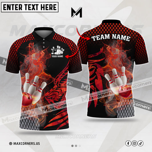 Maxcorners Bowling & Pins Dragon Multicolor Option Customized Name, Team Name 3D Polo Shirt (4 Colors) 04