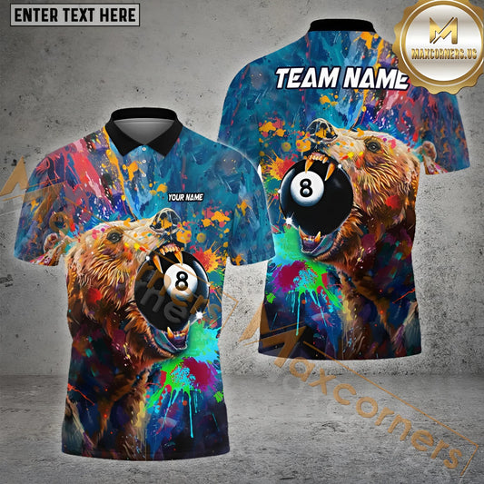 Maxcorners Billiard Bear 8 Ball Colorful Multicolor Options Personalized Name, Team Name 3D Shirt (4 Colors)