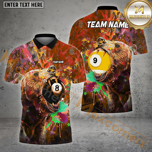 Maxcorners Billiard Bear 9 Ball & 8 Ball Colorful Multicolor Options Personalized Name, Team Name 3D Shirt (4 Colors)
