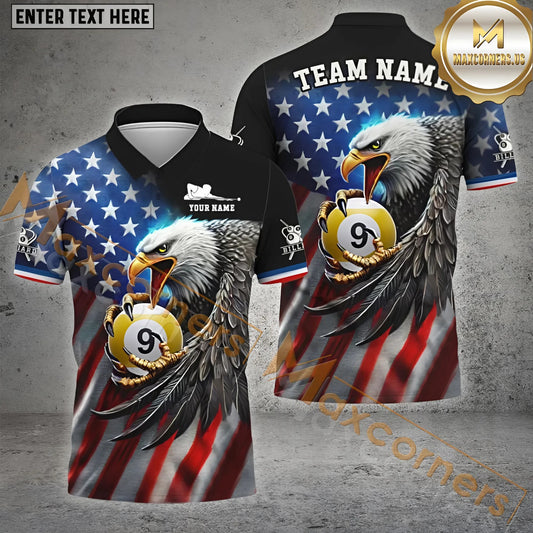 Maxcorners Billiard 8 Ball, 9 Ball, 10 Ball Eagle Flag Of US Pattern Options Personalized Name, Team Name 3D Shirt