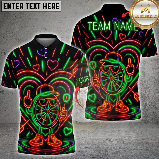Maxcorners Neon Dartboard Funny Character Heart Glow Arcade Style Multicolor Options Personalized Name, Team Name 3D Shirt (4 Colors)