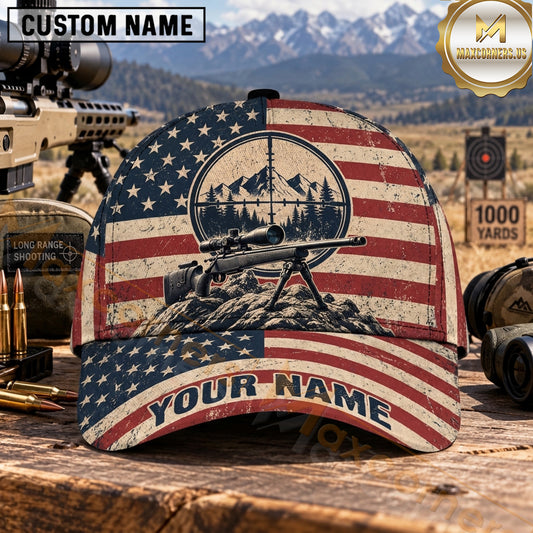 Maxcorners Long Range Shooting Precision Rifle Vintage American Flag Mountain Emblem Personalized Name 3D Cap